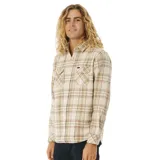 Camisa de franela a cuadros beige, de manga larga con dos bolsillos frontales con solapa abotonada.