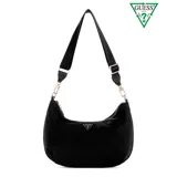 Cartera hobo Guess Eco Gemma de tamaño mediano, color negro, confeccionada en nylon reciclado. Presenta cierre superior con cremallera, varios bolsillos interiores, correa regulable con logo de la marca y logo triangular de Guess en el frente.