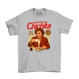 Remera gris con estampa del programa de televisión "Almorzando con Chichita".