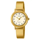 Reloj Casio dorado con malla metálica, cuadrante blanco con números arábigos negros y agujas doradas.