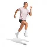 Remera deportiva Adidas Own The Run para mujer, color rosa pálido con tres tiras blancas en las mangas.