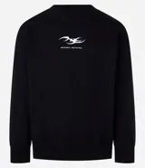 Buzo negro de corte holgado confeccionado en fleece, con cuello redondo, mangas largas y puños ajustados. Estampa frontal con diseño abstracto y texto "Regret Nothing".