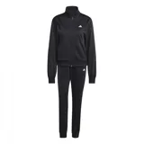 Conjunto deportivo Adidas Essentials Feel Cozy para mujer, color negro con logo blanco. Incluye campera con cierre y pantalón de corte recto.