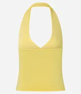Top corto frente única color amarillo, confeccionado en microfibra sin estampa, con breteles anchos y escote V cruzado.