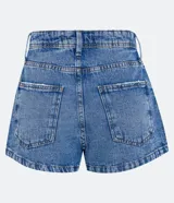 Short pollera de jean azul de tiro alto con bolsillos delanteros y traseros.