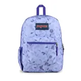 Mochila JanSport modelo Crosstown con estampado floral en tonos lila y morado. Presenta un compartimento principal grande, bolsillo frontal con organizador interno y bolsillo lateral de malla para botella de agua.