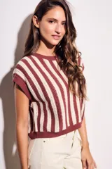 Chaleco de punto con rayas verticales color beige y marrón, de corte holgado y sin mangas.