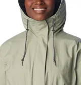 Campera impermeable Columbia para mujer, modelo Splash Side II, color verde safari. Con tecnología Omni-TECH™ impermeable y transpirable, costuras selladas, capucha ajustable, cintura ajustable, bolsillos para las manos, puños elásticos y faldón posterior.