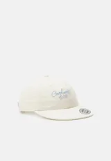 Gorra de béisbol color crema con logo Carhartt WIP bordado en celeste en el frente. Tiene visera curva y correa ajustable en la parte trasera.