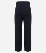 Pantalón recto negro de viscosa con cintura elástica y textura acanalada.