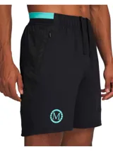 Short deportivo negro con calza interna turquesa, logo de Under Armour y Mansory en la pierna. Ideal para entrenamiento y actividades deportivas.