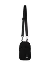 Bandolera negra porta celular con correa larga regulable y logo de la marca en la parte inferior.