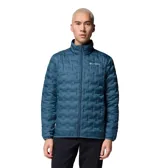 Campera puffer para hombre marca Columbia, modelo Delta Ridge II Down en color azul. Presenta tecnología Omni-Heat™ con forro termorreflectante, construcción HeatSeal™ sin costuras con diseño acolchado geométrico y tejido repelente al agua Omni-Shield™. Cuenta con aislamiento de plumón de 650 hilos, cierre frontal completo, cuello alto con protección de barbilla y bolsillos laterales con cremallera.