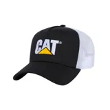 Gorro trucker negro con frente rígido, visera curva y paneles traseros de malla blanca. Presenta el logo de CAT bordado en el frente en color blanco y amarillo.