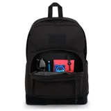 Mochila Jansport Right Pack negra con un compartimento principal grande, un bolsillo frontal con cierre y un bolsillo lateral para botella de agua.