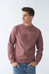 Buzo de felpa gris oscuro con logo estampado en el frente, cuello redondo, mangas largas y puños.