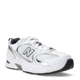 Championes New Balance 530 de running unisex, color blanco con detalles plateados y azules.