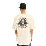 Remera color beige de corte holgado, con cuello redondo y manga corta. Presenta un pequeño estampado en el pecho con un diseño de un ojo de pájaro.