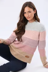 Buzo tejido de manga larga con cuello redondo y diseño de rayas horizontales en tonos pastel: gris claro, rosa pálido, lila y beige.