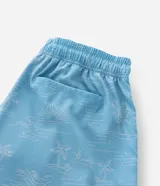 Bermuda de baño para hombre, color celeste claro con estampado sutil en blanco. Posee cintura elástica ajustable con cordón negro.