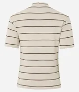 Top de manga corta y cuello redondo alto, confeccionado en tejido rib de algodón, poliéster y elastano, con estampado de rayas horizontales finas en azul marino sobre fondo crudo.