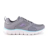 Championes deportivos Skechers Track Grand Scene, color gris con detalles en violeta y celeste. Capellada de malla, cordones y plantilla Memory Foam.
