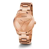 Reloj de acero inoxidable color rosa con diseño minimalista y correa ajustable.
