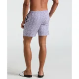 Short de baño blanco con estampado geométrico azul y cordón ajustable en la cintura.