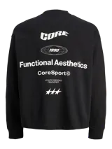 Buzo negro de manga larga con cuello redondo y calce oversize cropped. Presenta un estampado grande en la espalda con texto en blanco que incluye "CORE", "1990", "Functional Aesthetics", "CoreSport©" y tres estrellas.