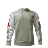 Canguro Umbro color gris melange con detalles en blanco y naranja en las mangas.