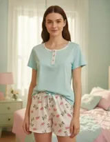 Pijama de dos piezas compuesto por una remera de manga corta color celeste claro con cuello redondo y botones, ribeteada con encaje blanco, y un short blanco con estampado de flamencos rosados y flores blancas.