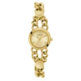 Reloj Guess dorado con caja redonda de 25mm y pulsera de cadena gruesa. El dial es dorado con marcadores de hora con cristales.