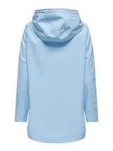 Chaqueta impermeable celeste con capucha, bolsillos al frente y cierre con broches.