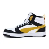 Championes de caña media Puma Rebound V6, color blanco con detalles en negro y amarillo mostaza.
