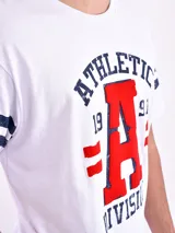 Remera de manga corta con diseño de bloques de color: azul marino en la parte superior y gris en la inferior. Estampado frontal con la palabra "Superior" y el número "76" en rojo.