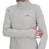 Camiseta deportiva New Balance color gris claro jaspeado, de manga larga con orificios para los pulgares, cuello alto con cierre de cremallera corto y logo reflectante en el pecho.