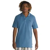 Remera polo celeste de manga corta con cuello clásico con ribete azul marino y logo Vans bordado en el pecho. Cierre con dos botones.