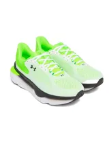 Zapatillas de running Under Armour Infinite Pro 2, color blanco con detalles en verde flúor y negro.
