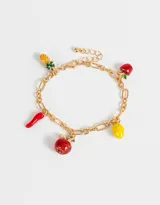 Pulsera dorada de cadena de eslabones con dijes esmaltados de frutas y verduras: choclo, ají, manzana roja, limón y hongo.