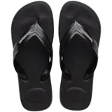 Ojotas Havaianas Top Max Comfort negras, con suela texturizada y tira de goma con el logo de la marca.