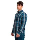 Camisa de manga larga de cuadrillé azul con bolsillo en el pecho y corte clásico.