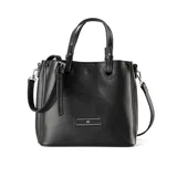Cartera tipo tote de símil cuero color negro, con doble asa corta y correa larga regulable extraíble. Tiene tres compartimentos internos, uno con cierre, y cierre principal con botón imantado.