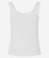 Musculosa de rib color blanco de la marca Blue Steel, con escote redondo ribeteado en encaje y detalle de moña negra bordada en el centro del pecho.