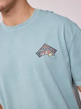 Remera de algodón con lavado, color celeste verdoso, de corte holgado (loose fit) y cuello redondo. Presenta un pequeño estampado gráfico en el pecho.