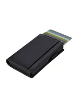Billetera tarjetera automática de cuero sintético negro con capacidad para 7 a 9 tarjetas. Cuenta con sistema de expulsión automática de tarjetas y protección RFID y NFC.
