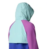Campera cortaviento Columbia Spire Valley Wind para mujer, con capucha, color block en celeste, azul y violeta.