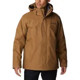 Campera Columbia 3 en 1 color marrón, con capa exterior impermeable y transpirable, y forro polar térmico reflectante.