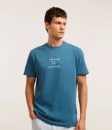 Remera celeste de algodón con cuello redondo y mangas cortas. Estampa frontal con la palabra "VELEJAR" y otros textos en blanco.