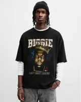 Remera negra de algodón con estampa de Biggie Smalls con corona y texto "Biggie King of NY" y "East Coast Legend".
