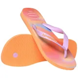 Ojotas Havaianas modelo Top Fashion, con estampa degradada en tonos pastel (naranja, rosado, celeste y lila) y tiras de goma color lila.